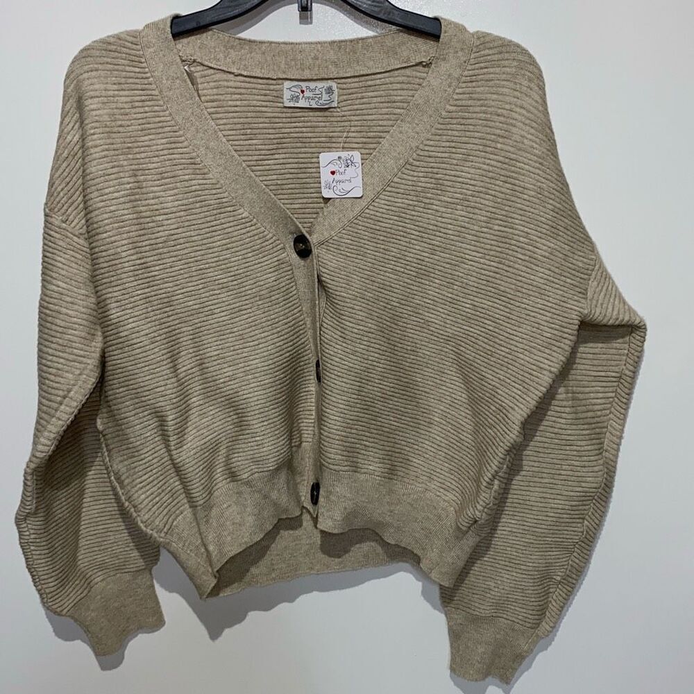 Poof Apparel Women's Beige Ribbed V-Neck Button Front Cardigan Sweater Large NWT